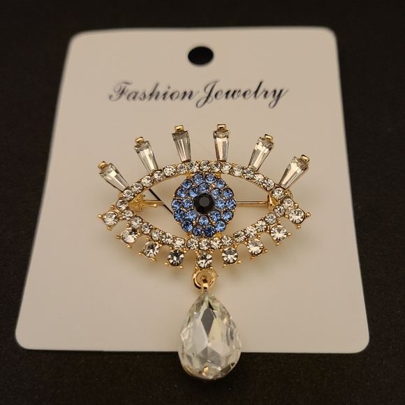 🧿 EVIL EYE Rhinestone & Simulated Gemstone Teardrop Protection Brooch Pin - Picture 4 of 4